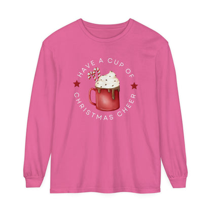 Women's Comfort Colors Long Sleeve Tee: 'Have a Cup of Christmas Cheer' - Eddy and Rita