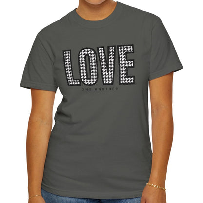 Love One Another Houndstooth Women's Comfort Colors Tee: Cozy Style with Inspirational Charm - Eddy and Rita