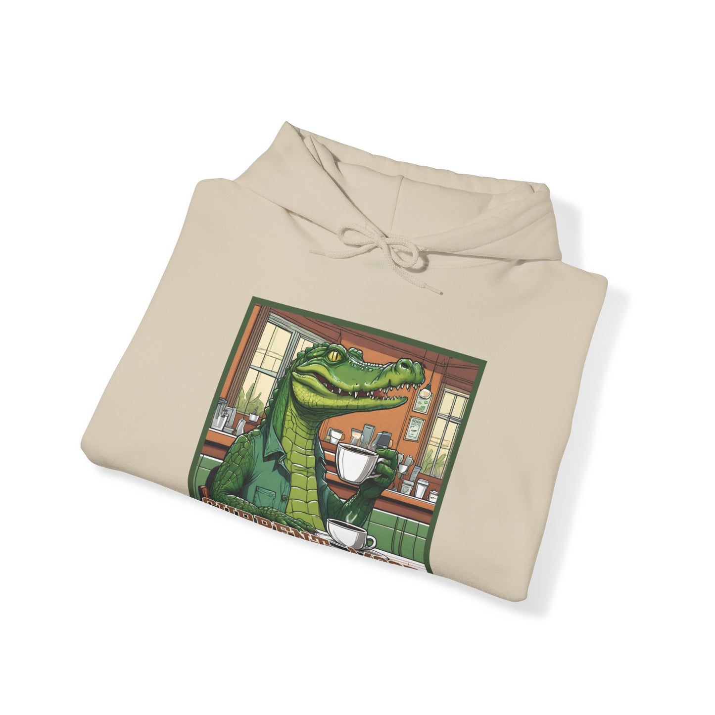 Men's Hooded Sweatshirt: 'Current Mood' Alligator Drinking Coffee