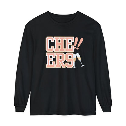 Comfort Colors Women's Cheers Long Sleeve Tee with Champagne Glasses Design - Eddy and Rita