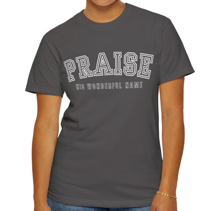 Eddy and Rita Women's Comfort Colors T-Shirt - "Praise His Wonderful Name" Soft Cotton Christian Graphic Tee