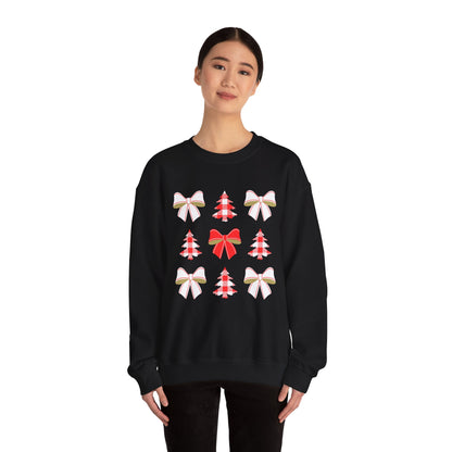 Women's Heavy Sweatshirt – "Christmas Trees and Bows" Festive Holiday Graphic Sweatshirt