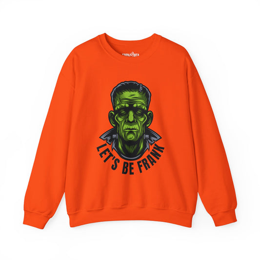 Eddy and Rita Women's Heavy Crewneck Sweatshirt - "Frankenstein Let's Be Frank" Halloween Sweater - Cozy, Fun, Spooky Fall Pullover