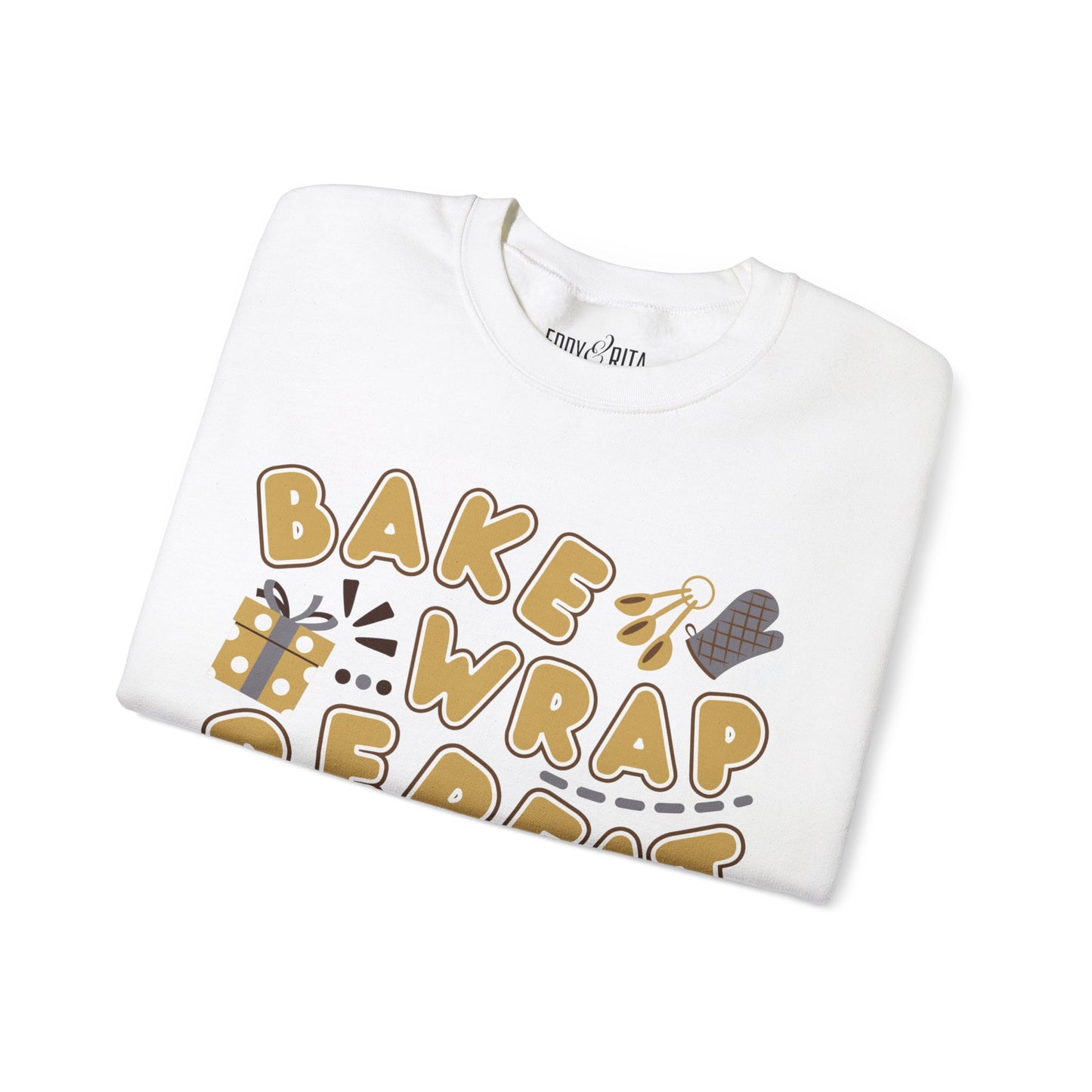 Women's Heavy Sweatshirt – "Bake Wrap Repeat" Fun Holiday Baking and Wrapping Graphic Sweatshirt