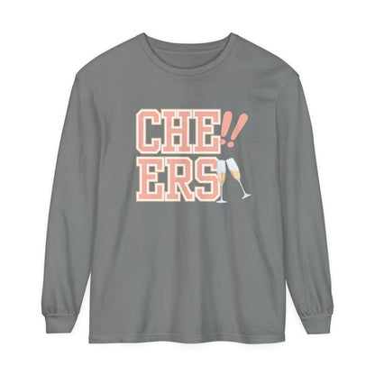 Comfort Colors Women's Cheers Long Sleeve Tee with Champagne Glasses Design - Eddy and Rita