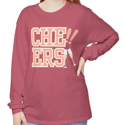 Comfort Colors Women's Cheers Long Sleeve Tee with Champagne Glasses Design - Eddy and Rita