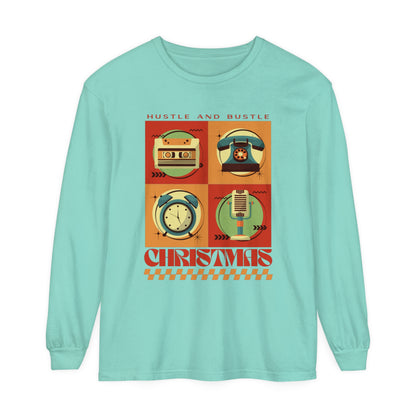 Women's Retro Christmas Tee: 'Hustle and Bustle Christmas' - Comfort Colors Long Sleeve, Cozy Festive Fashion for Seasonal Joy! - Eddy and Rita