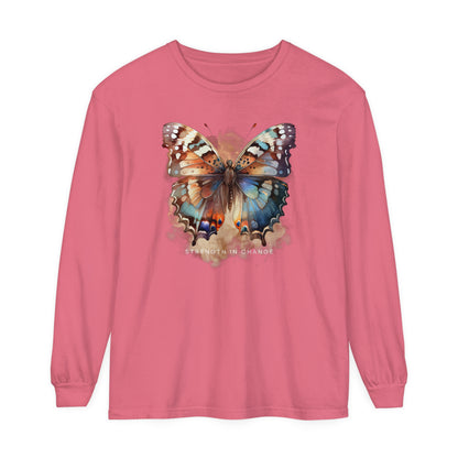 Women's Comfort Colors Long Sleeve Tee: 'Strength in Change' Butterfly - Eddy and Rita