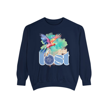 Get Lost Women's Long Sleeve Comfort Colors Sweatshirt with Tropical Bird Design - Eddy and Rita