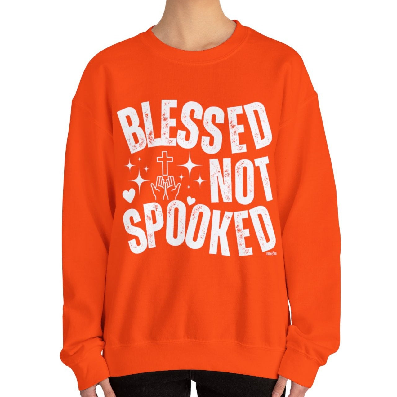 Eddy and Rita Women's Heavy Crewneck Sweatshirt - "Blessed Not Spooked" Christian Halloween Graphic Pullover