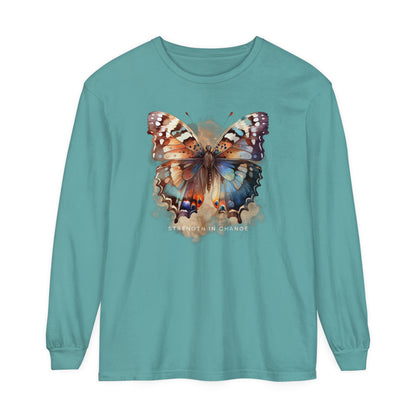 Women's Comfort Colors Long Sleeve Tee: 'Strength in Change' Butterfly - Eddy and Rita