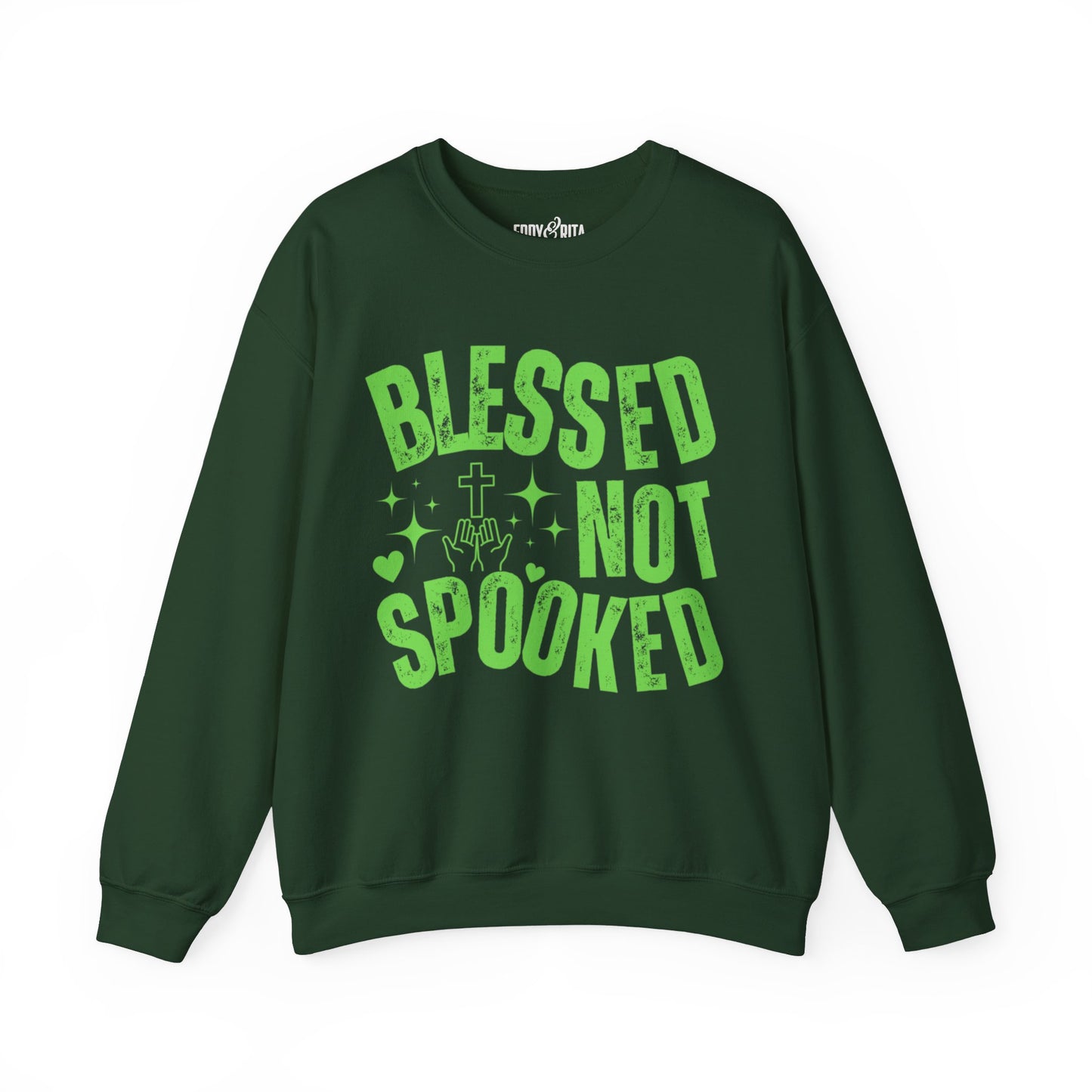 Eddy and Rita Women's Heavy Crewneck Sweatshirt - "Blessed Not Spooked" Christian Halloween Graphic Pullover