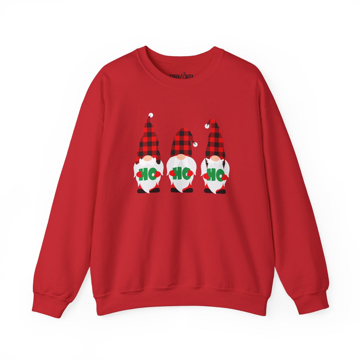 Ho Ho Ho with Three Red and Black Checked Gnomes Women's Sweatshirt - Festive Holiday Fashion