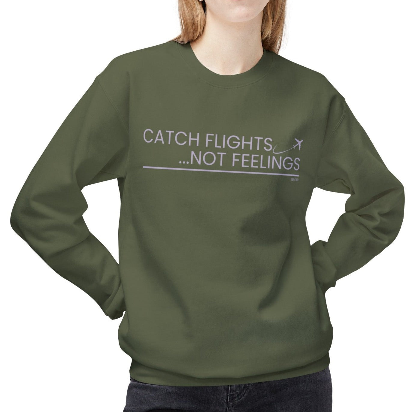 Eddy and Rita Women's Midweight Crewneck Sweatshirt - "Catch Flights, Not Feelings" Trendy Travel Graphic Pullover