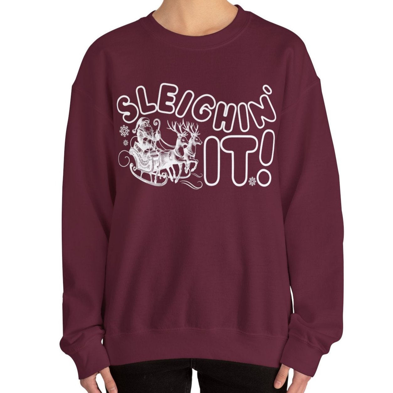 Women's Heavy Sweatshirt – "Sleighin It" Fun and Festive Christmas Graphic Sweatshirt