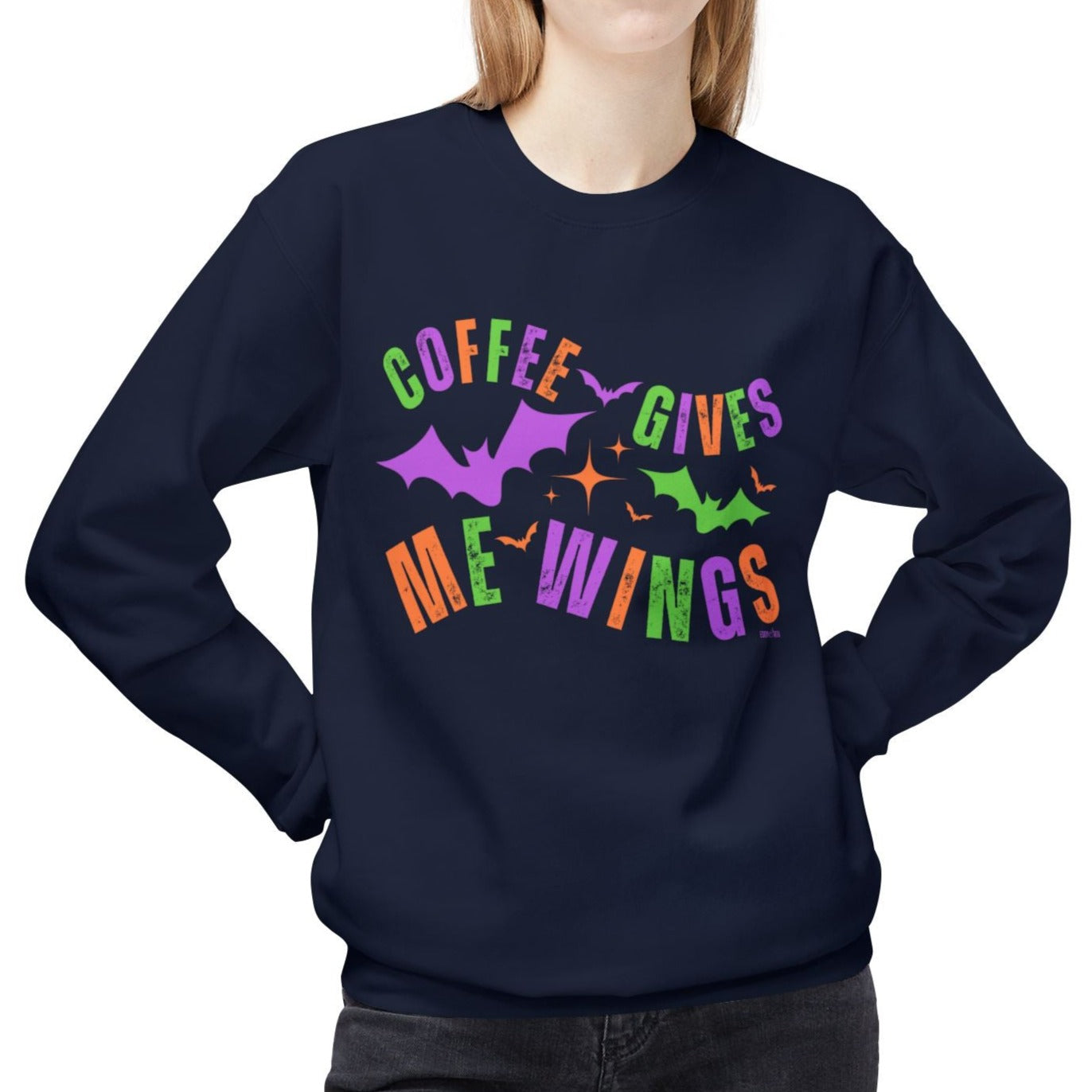 Eddy and Rita Women's Midweight Crewneck Sweatshirt - "Coffee Gives Me Wings" Halloween Bat Graphic Pullover