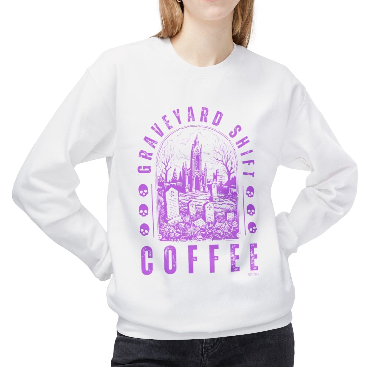 Eddy and Rita Women's Midweight Crewneck Sweatshirt - "Graveyard Shift Coffee" Halloween Graphic Pullover