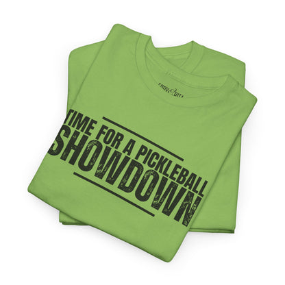 Eddy and Rita Men's Heavy Cotton T-Shirt - "Time for a Pickleball Showdown" Graphic Tee for Pickleball Enthusiasts