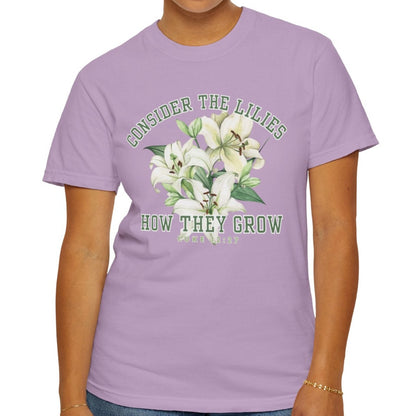 Serene Blossoms - Women's Comfort Colors Tee with 'Consider the Lilies' Inspired by Luke 12:27 - Eddy and Rita