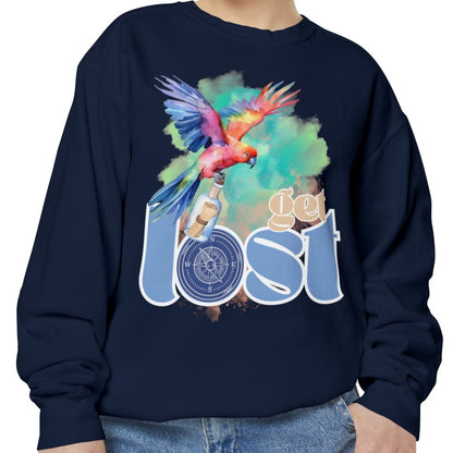 Get Lost Women's Long Sleeve Comfort Colors Sweatshirt with Tropical Bird Design - Eddy and Rita