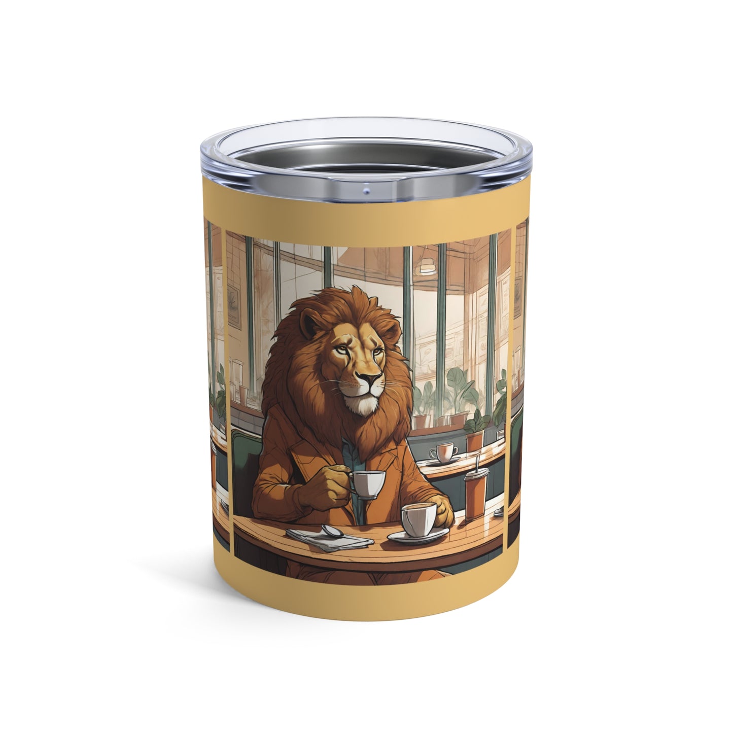 Lion Brews Elegance: 10 oz Stainless Tumbler for Coffee Enthusiasts - Unique Cafe Scene Design - Eddy and Rita