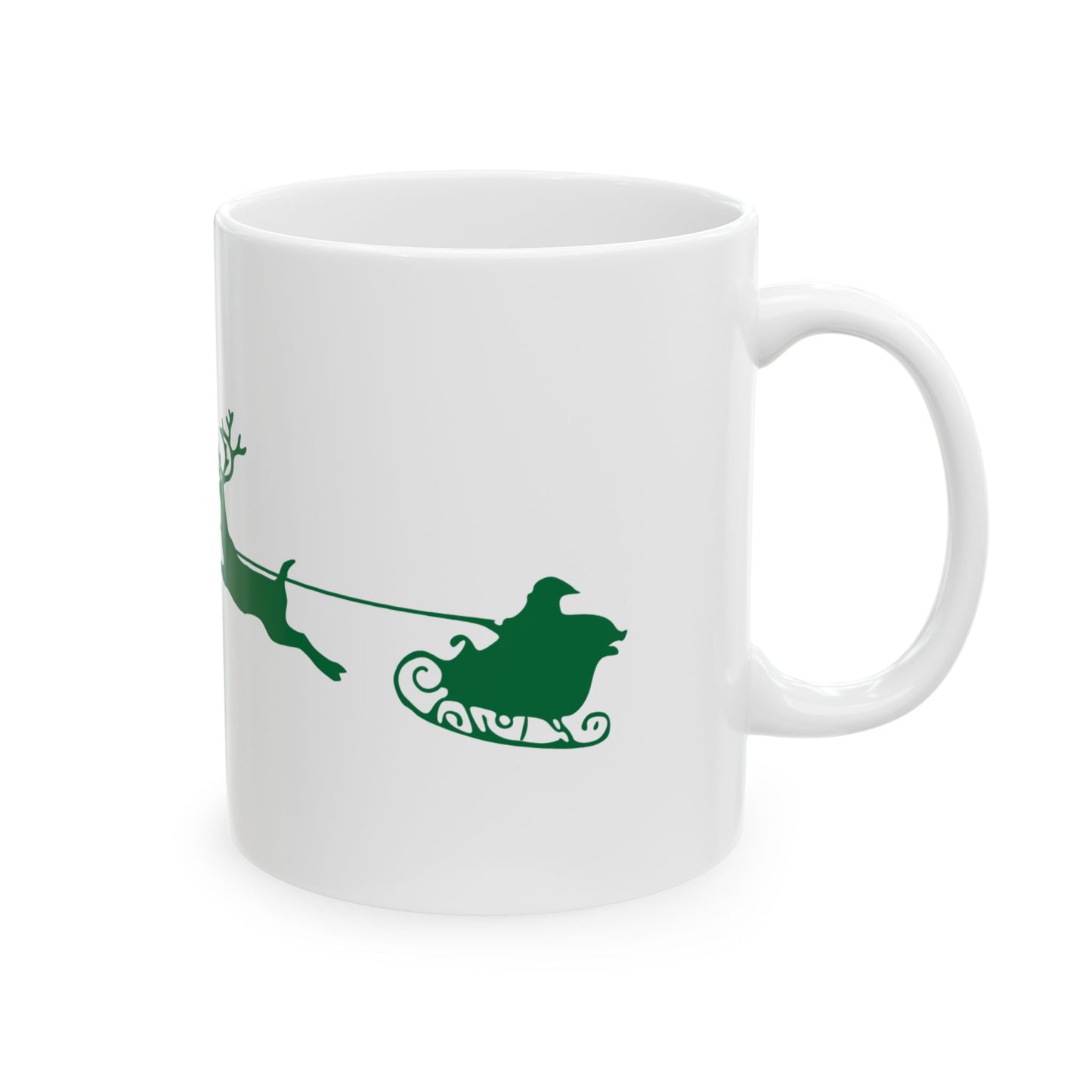 11 oz Ceramic Coffee Mug - Green and White "Santa's Sleigh" Design | Festive Holiday Mug for Christmas Cheer