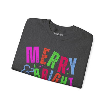 Women's Heavy Sweatshirt – "Merry and Bright" Festive Christmas Graphic Sweatshirt