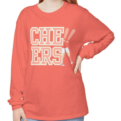 Comfort Colors Women's Cheers Long Sleeve Tee with Champagne Glasses Design - Eddy and Rita