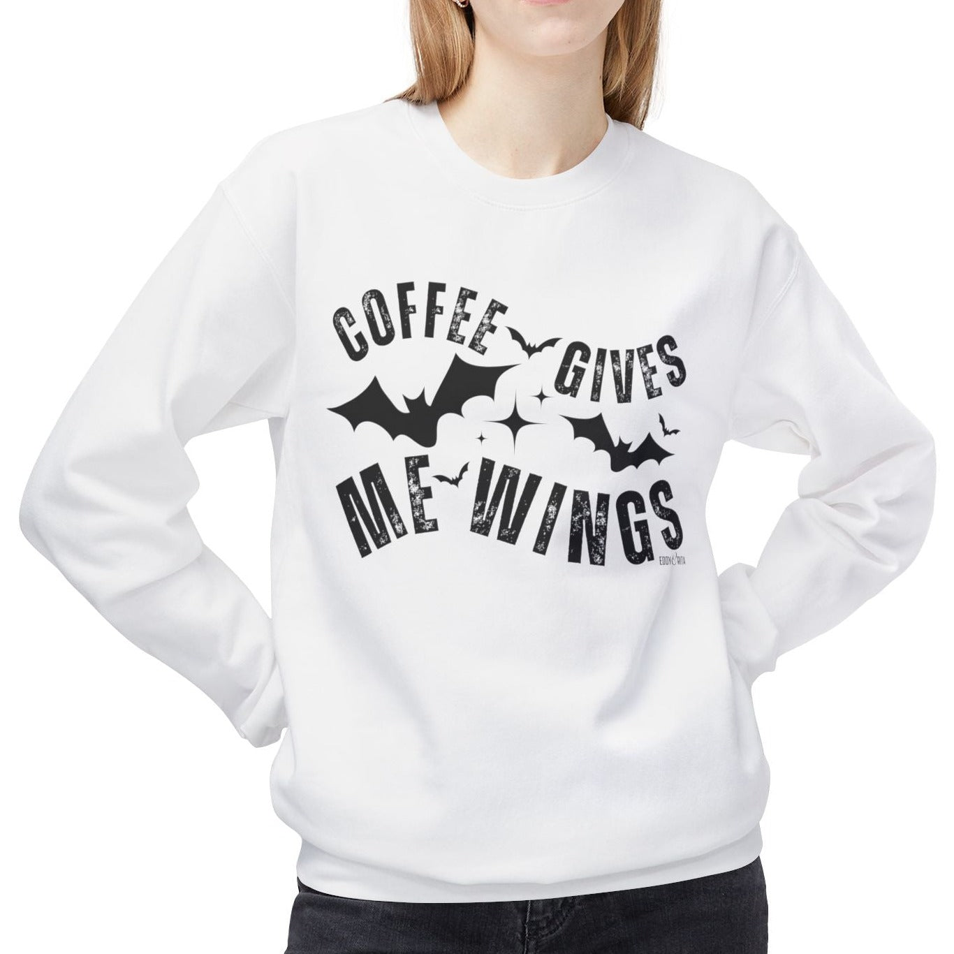 Eddy and Rita Women's Midweight Crewneck Sweatshirt - "Coffee Gives Me Wings" Halloween Bat Graphic Pullover