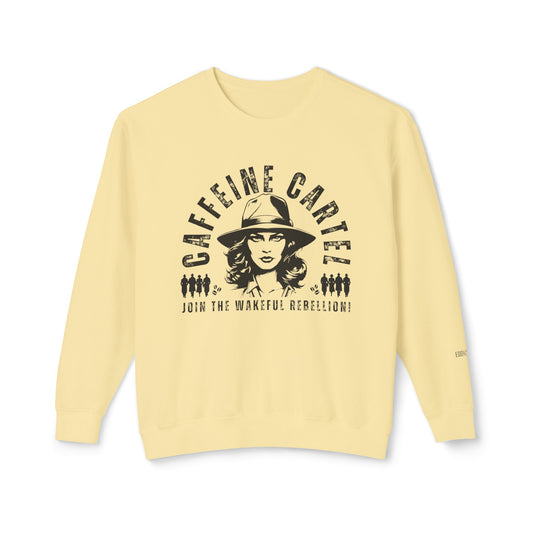 Eddy and Rita Women's Comfort Colors Lightweight Crewneck Sweatshirt - "Caffeine Cartel: Join the Wakeful Rebellion" Graphic Pullover