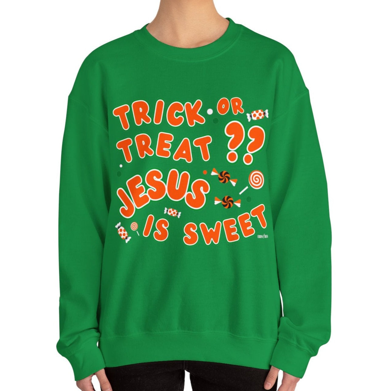 Eddy and Rita Women's Heavy Crewneck Sweatshirt - "Trick or Treat?? Jesus is Sweet" Halloween Graphic Pullover