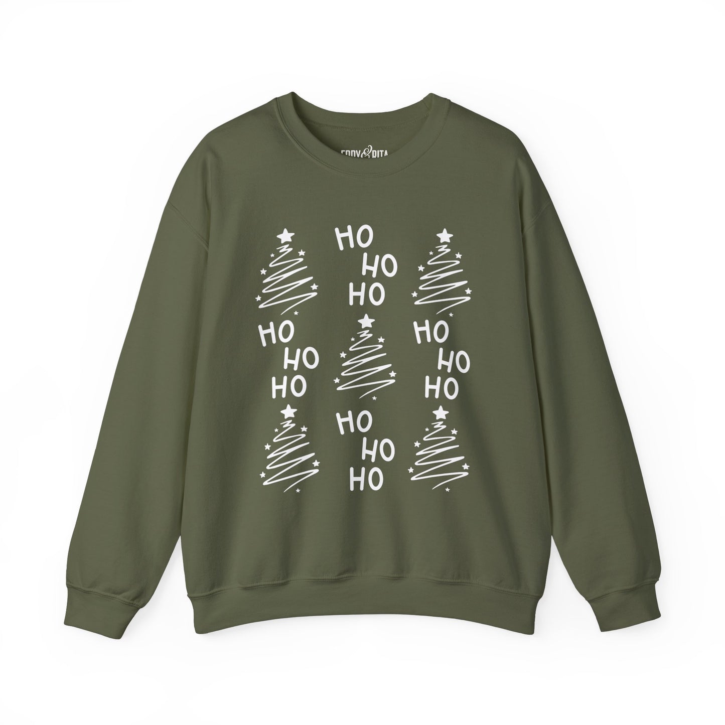 Women's Heavy Sweatshirt – "Ho Ho Ho Christmas Tree" Festive Holiday Graphic Sweatshirt