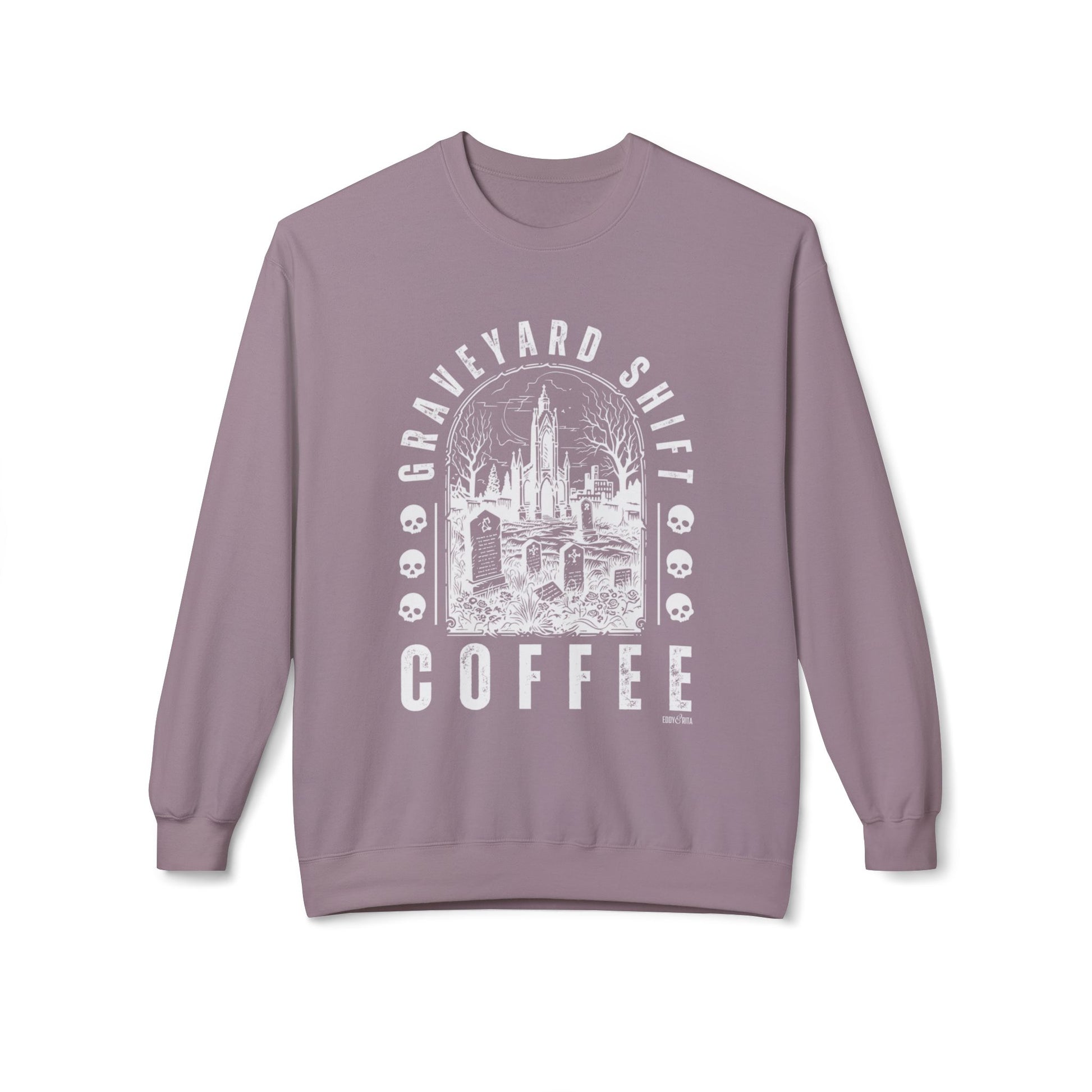 Eddy and Rita Women's Midweight Crewneck Sweatshirt - "Graveyard Shift Coffee" Halloween Graphic Pullover