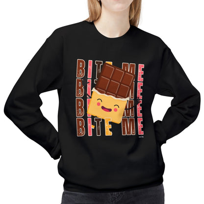 Eddy and Rita Women's Midweight Crewneck Sweatshirt - "Bite Me" Happy Chocolate Bar Graphic Pullover