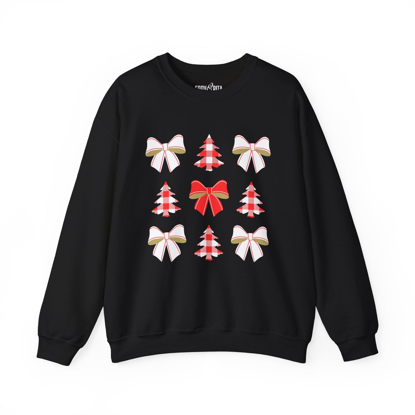 Women's Heavy Sweatshirt – "Christmas Trees and Bows" Festive Holiday Graphic Sweatshirt