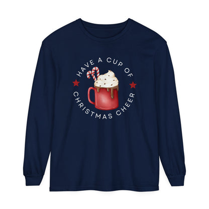 Women's Comfort Colors Long Sleeve Tee: 'Have a Cup of Christmas Cheer' - Eddy and Rita