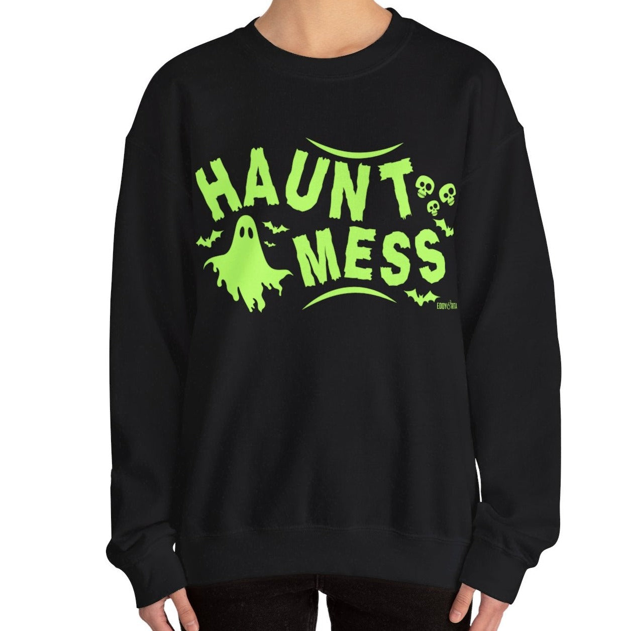 Eddy and Rita Women's Heavy Crewneck Sweatshirt - "Haunt Mess" Halloween Graphic Pullover