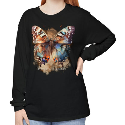 Women's Comfort Colors Long Sleeve Tee: 'Strength in Change' Butterfly - Eddy and Rita