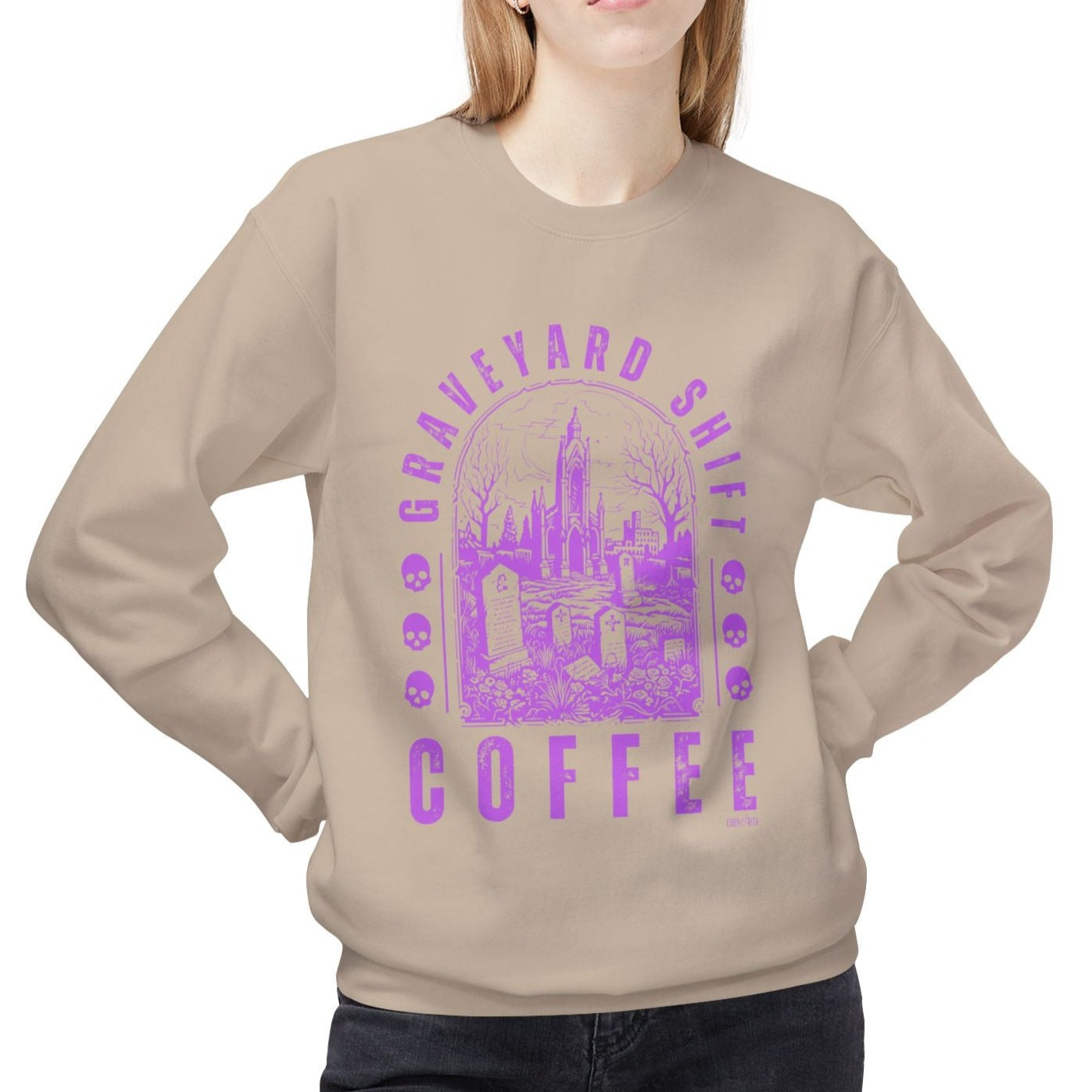 Eddy and Rita Women's Midweight Crewneck Sweatshirt - "Graveyard Shift Coffee" Halloween Graphic Pullover