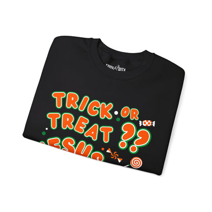 Eddy and Rita Women's Heavy Crewneck Sweatshirt - "Trick or Treat?? Jesus is Sweet" Halloween Graphic Pullover