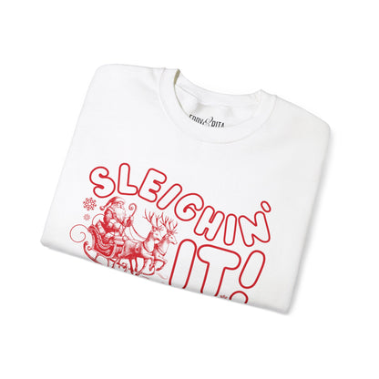 Women's Heavy Sweatshirt – "Sleighin It" Fun and Festive Christmas Graphic Sweatshirt