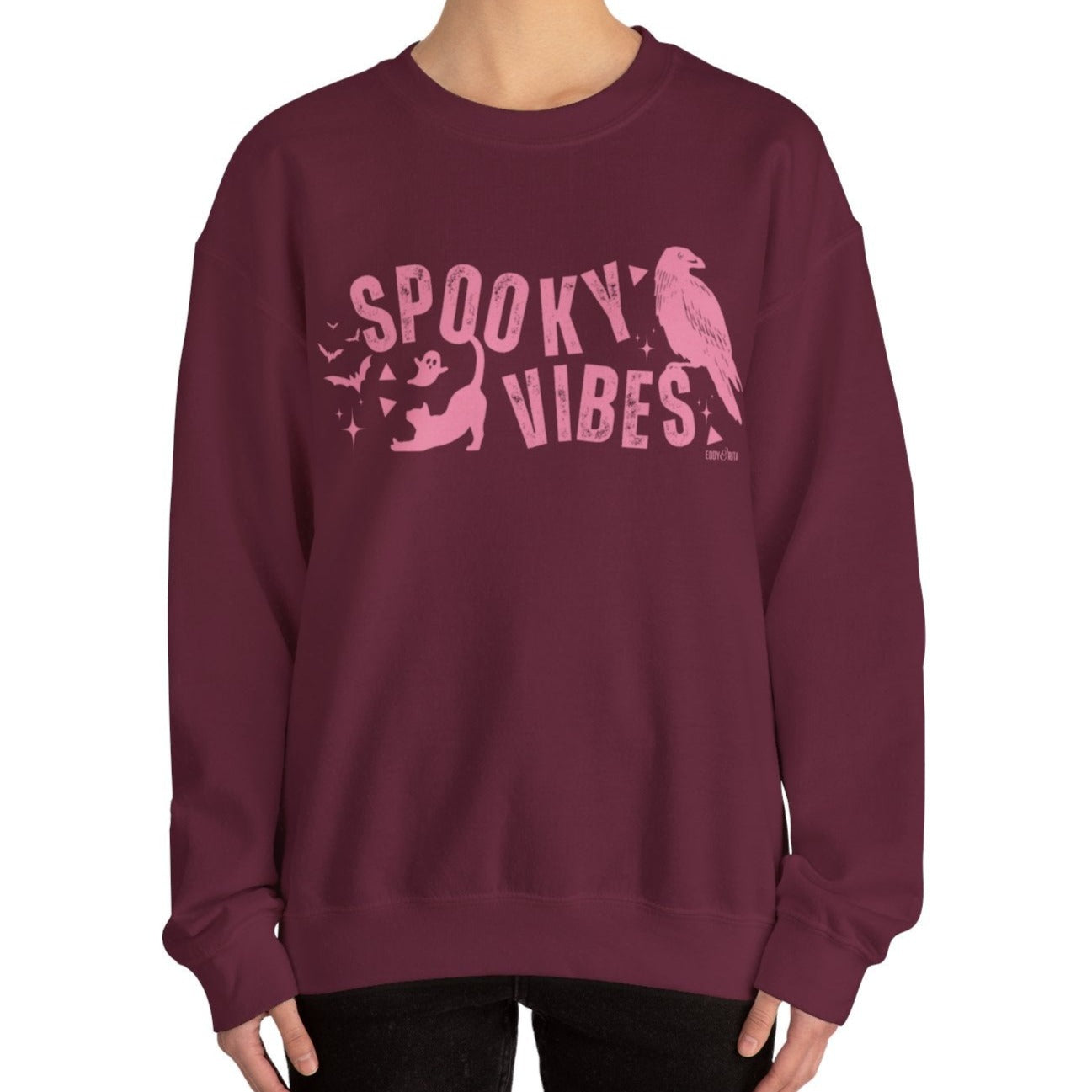 Eddy and Rita Women's Heavy Crewneck Sweatshirt - "Spooky Vibes" Halloween Graphic Pullover