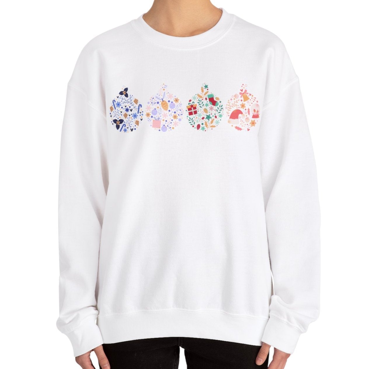 Women’s Heavy Sweatshirt – Four Ornate Christmas Ornaments Design | Cozy and Festive Holiday Pullover