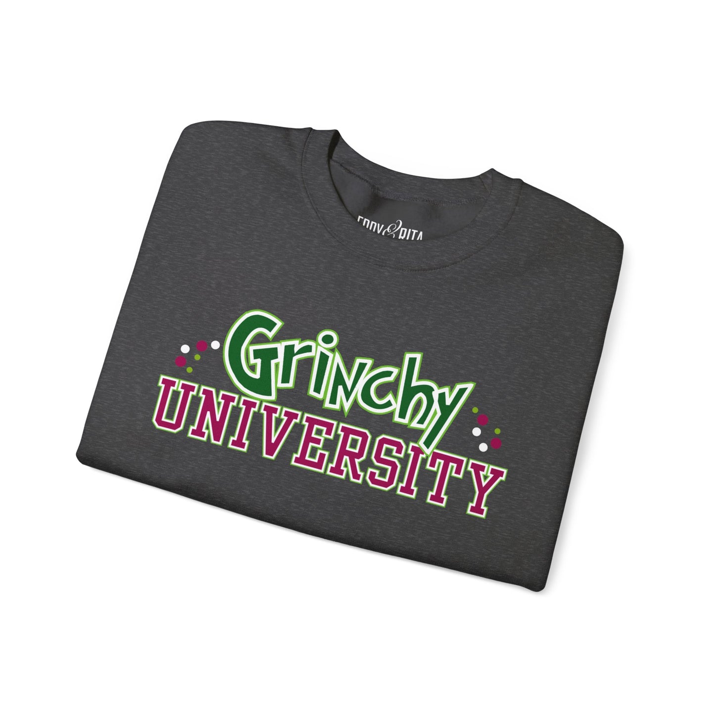 Women’s Heavy Sweatshirt – Grinchy University Design | Fun and Festive Holiday Pullover