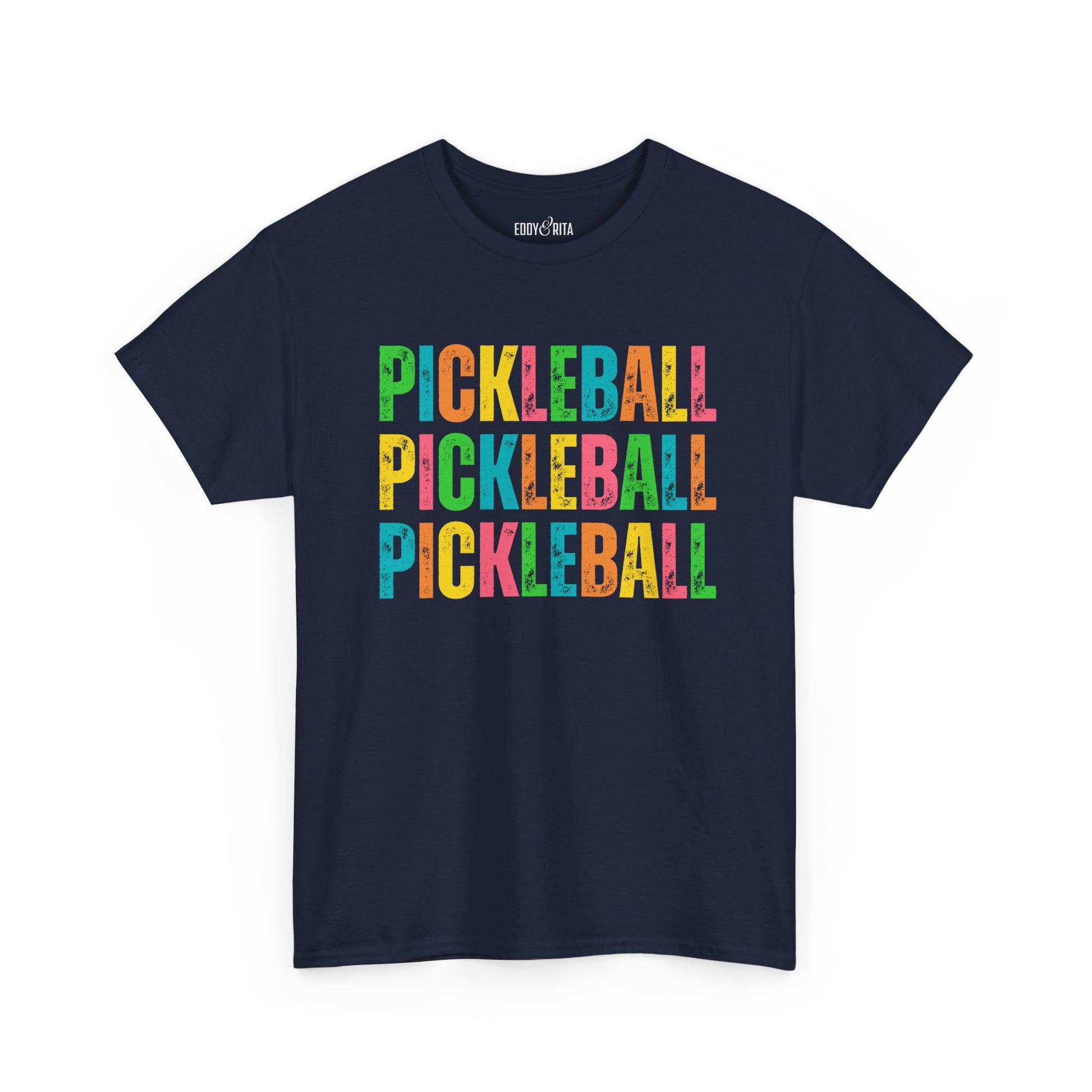 Eddy and Rita Women's Heavy Cotton T-Shirt - "Pickleball Pickleball Pickleball" Colorful Graphic Tee for Pickleball Enthusiasts