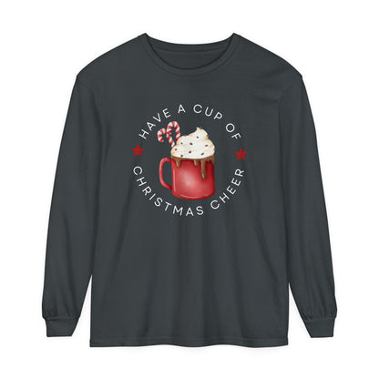 Women's Comfort Colors Long Sleeve Tee: 'Have a Cup of Christmas Cheer' - Eddy and Rita