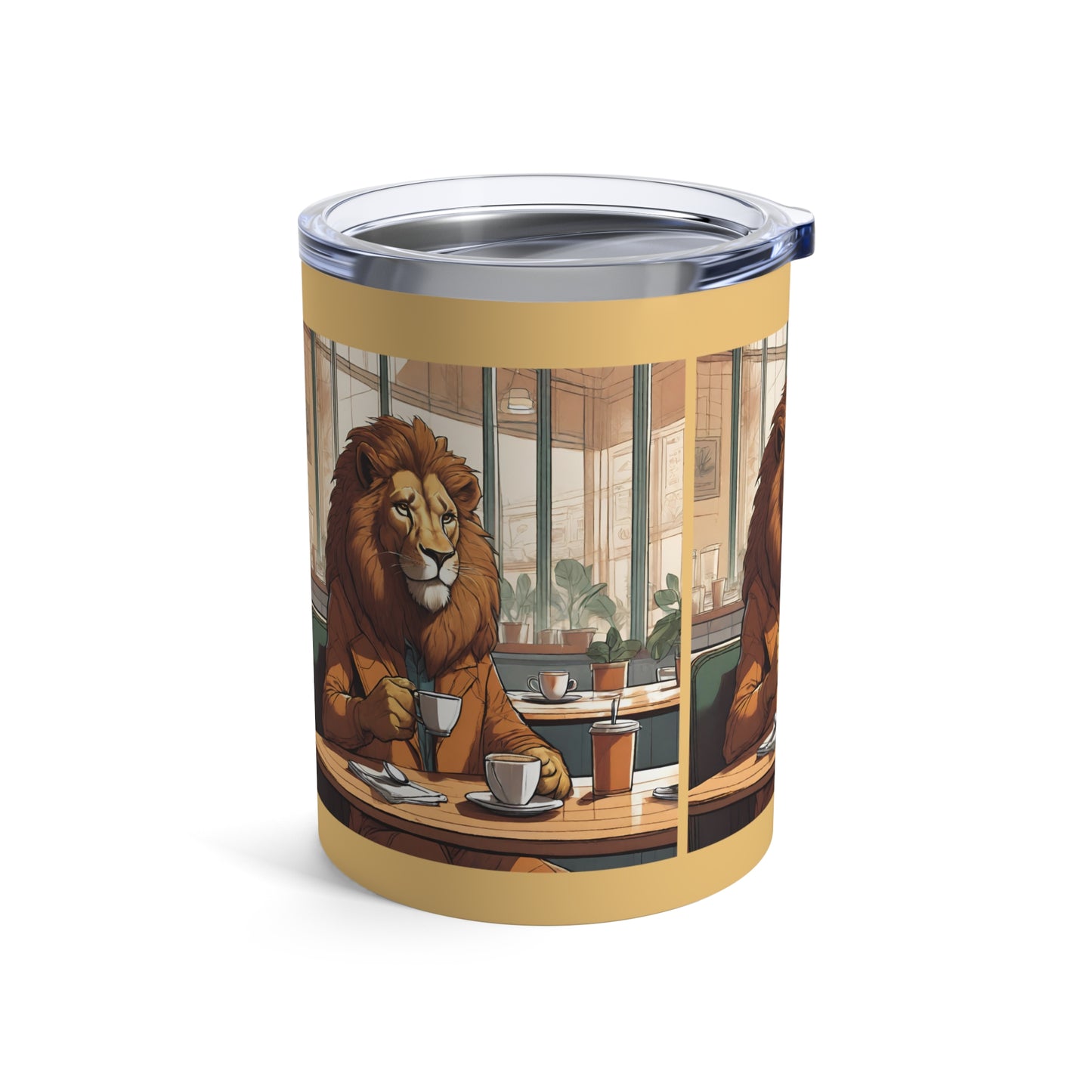 Lion Brews Elegance: 10 oz Stainless Tumbler for Coffee Enthusiasts - Unique Cafe Scene Design - Eddy and Rita