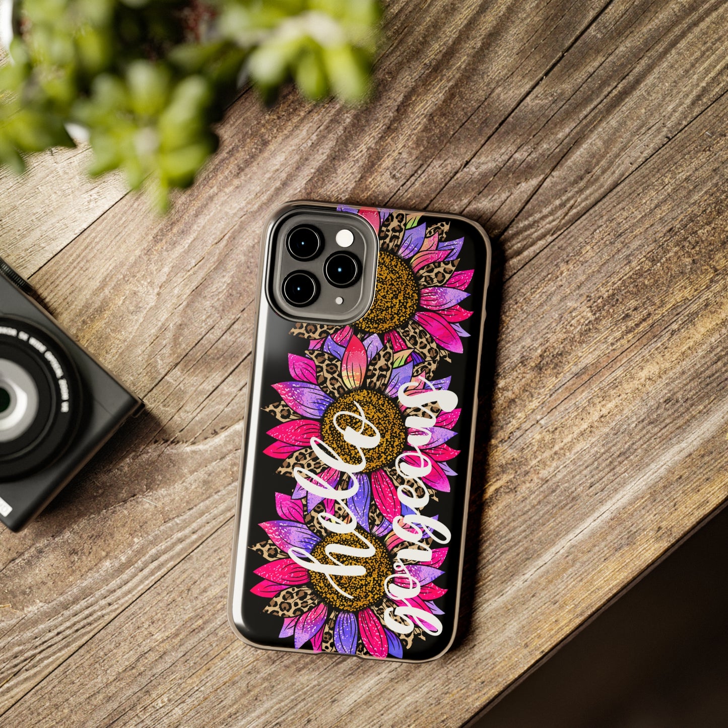 Hello Gorgeous Pink Purple Leopard Sunflowers iPhone Case - Stylish Floral Protective Cover