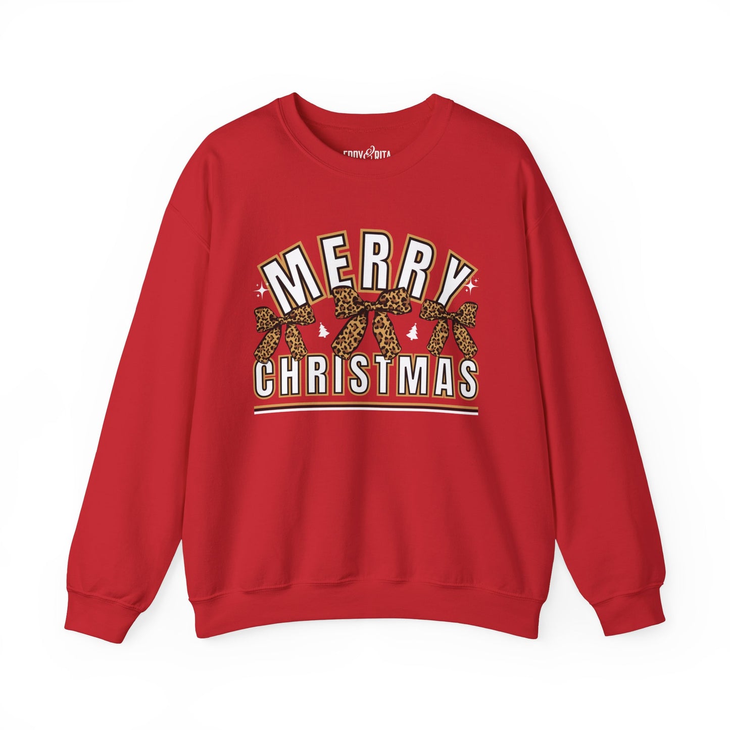 Women’s Heavy Sweatshirt – “Merry Christmas” with Leopard Print Bows | Cozy and Stylish Holiday Apparel