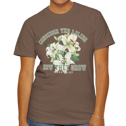 Serene Blossoms - Women's Comfort Colors Tee with 'Consider the Lilies' Inspired by Luke 12:27 - Eddy and Rita